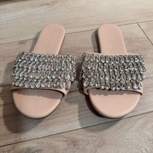 Nude Slide Sandals with Rhinestone Embellishments Size 6.5